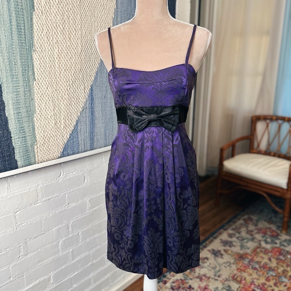 Jodi Kristopher Purple and Black Front Bow Cocktail Dress